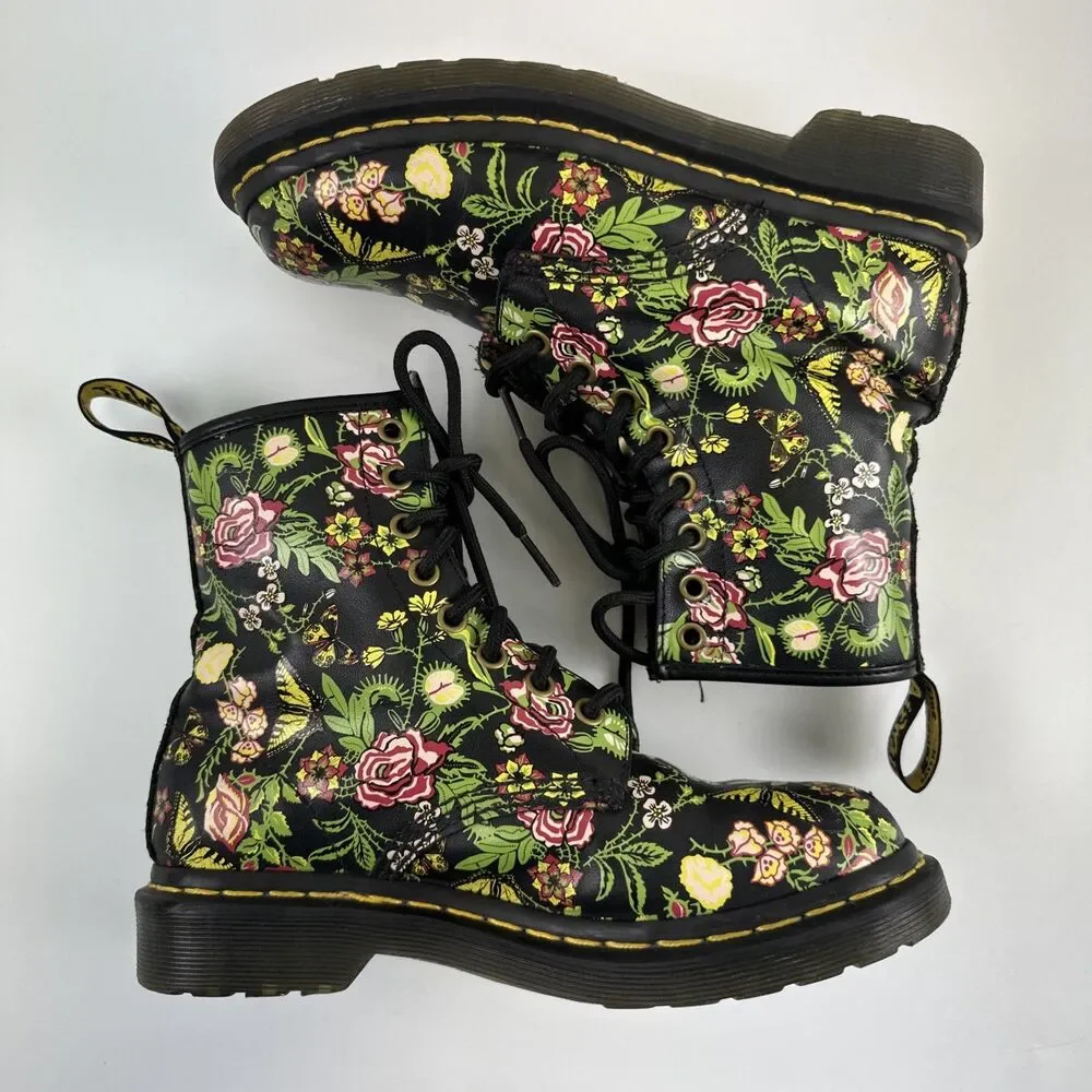 Dr Martens Floral Bloom Leather Combat Boot Lace Up Ankle Black Pink Womens 6 - Picture 7 of 13